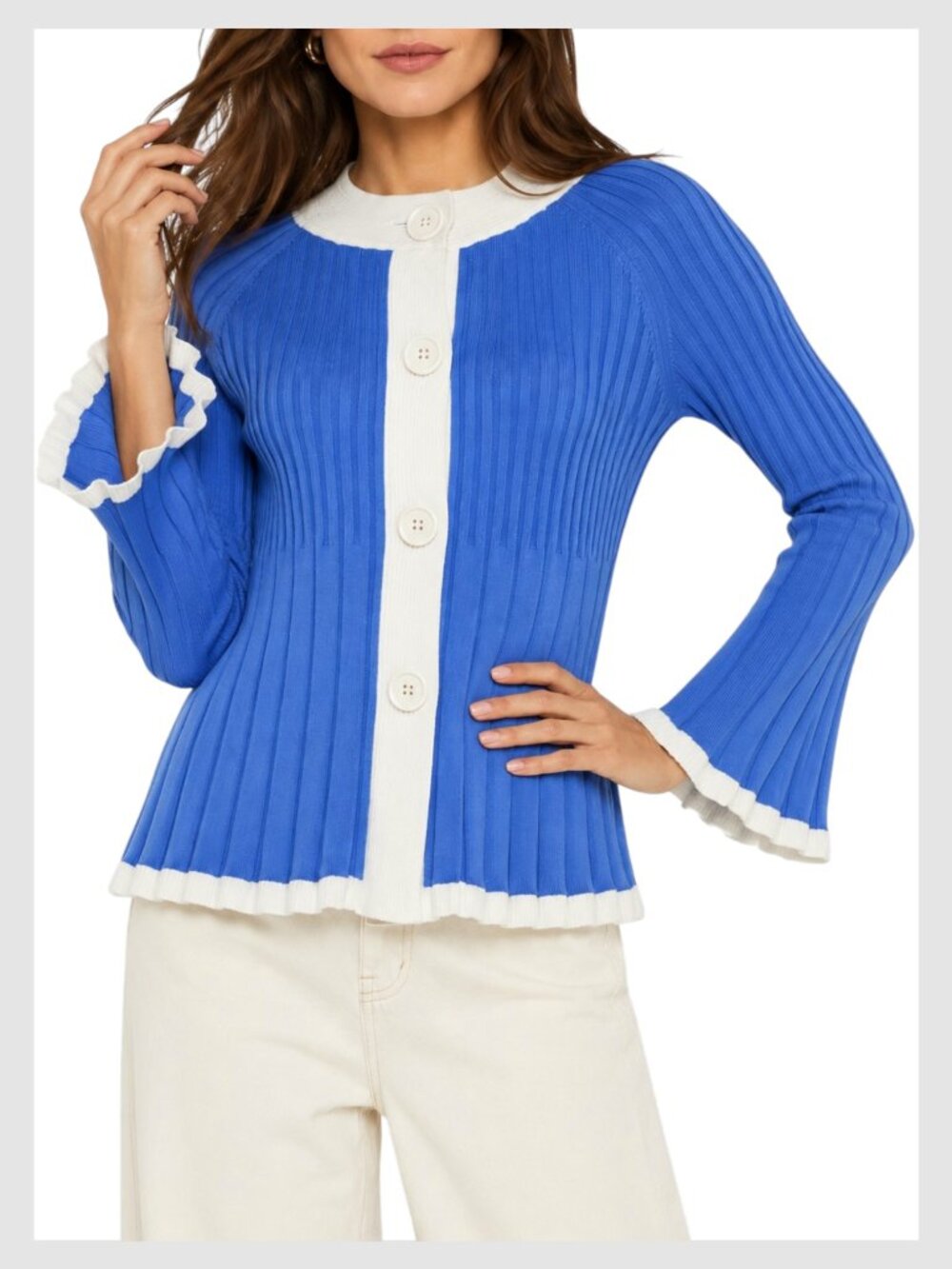 Covington Ribbed Button Sweater Blue White Contrast Trim M
